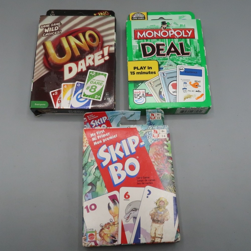 Mattel Card Game Lot: Uno Dare, Monopoly Deal, Skip-Bo Set